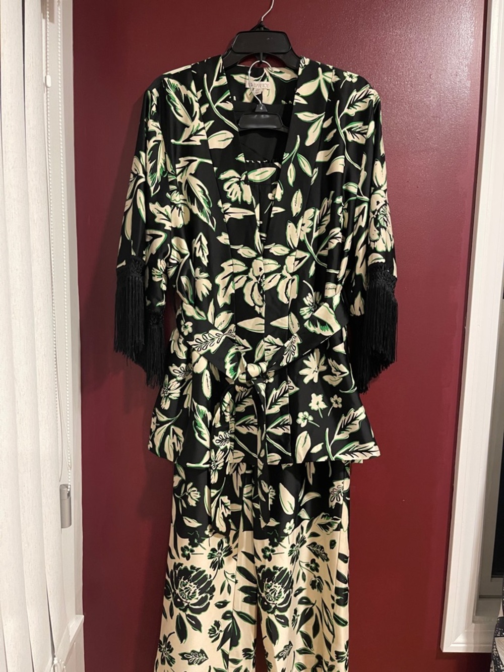 Black Floral Kimono and Pant Set in Black Cream and Green Print